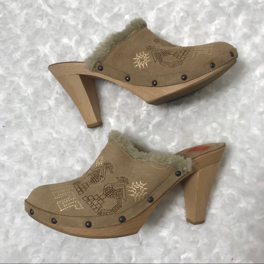 Jeffrey Campbell 8 Embroidered Shearling Wood Clog